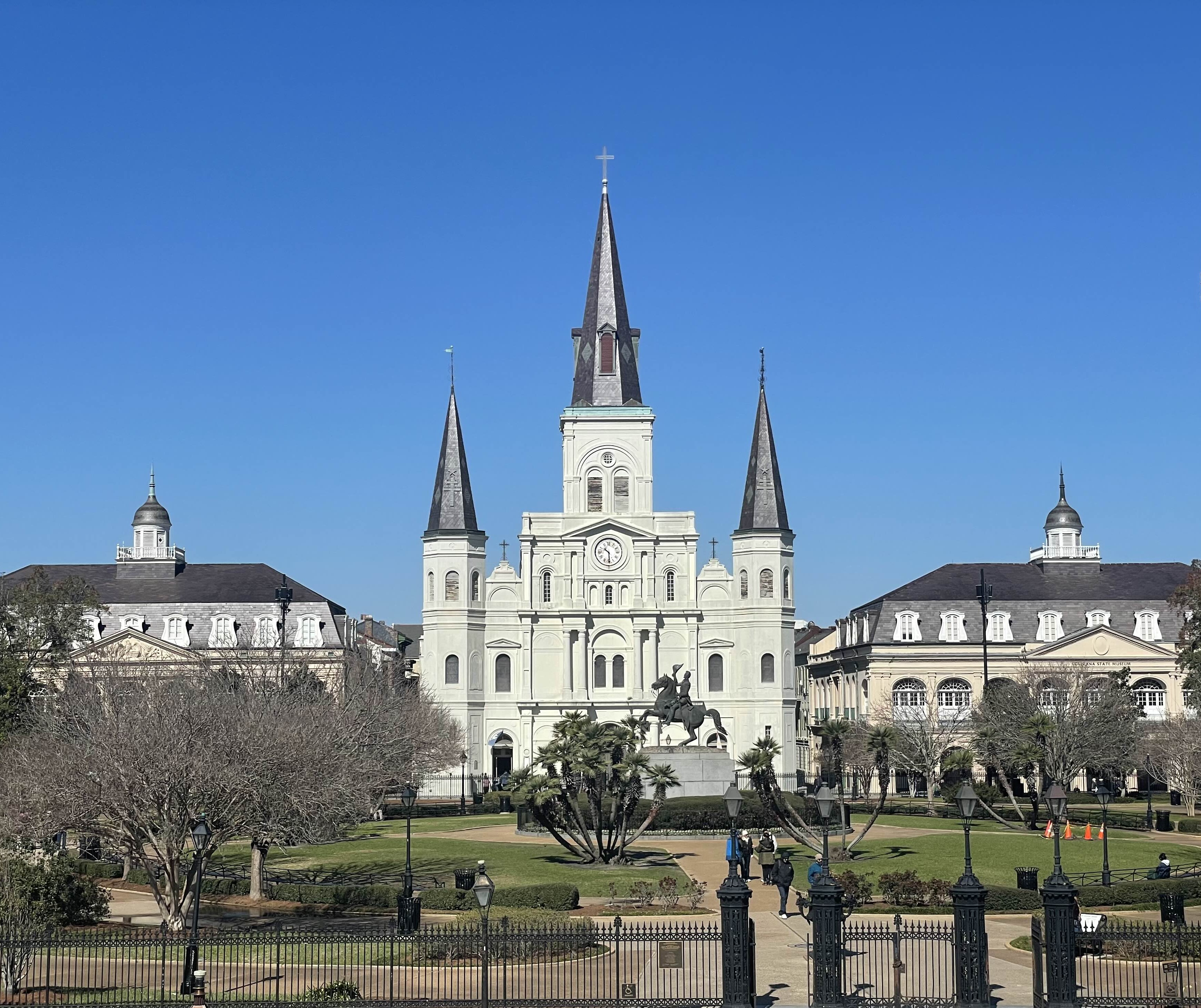 st louis cathedral and jackson square taken from next to the mississippi